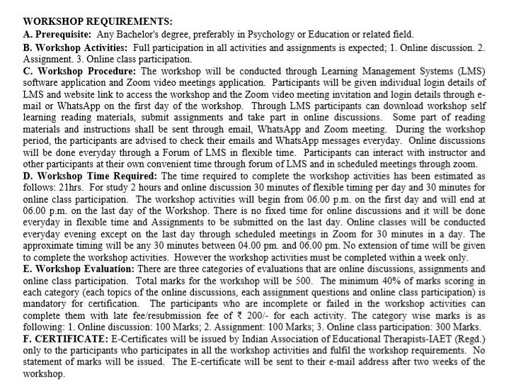 I accept the above mentioned workshop requirements